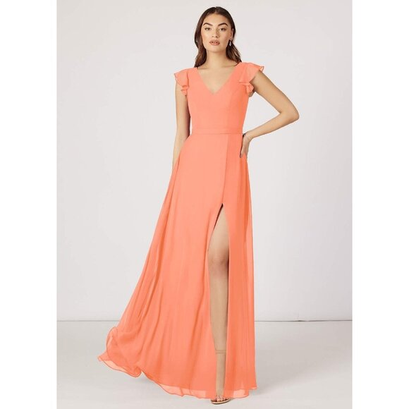 AZAZIE CLAUDINE A-Line Flutter Sleeve Chiffon Floor-Length Dress Sunset Size 4 - Picture 1 of 14